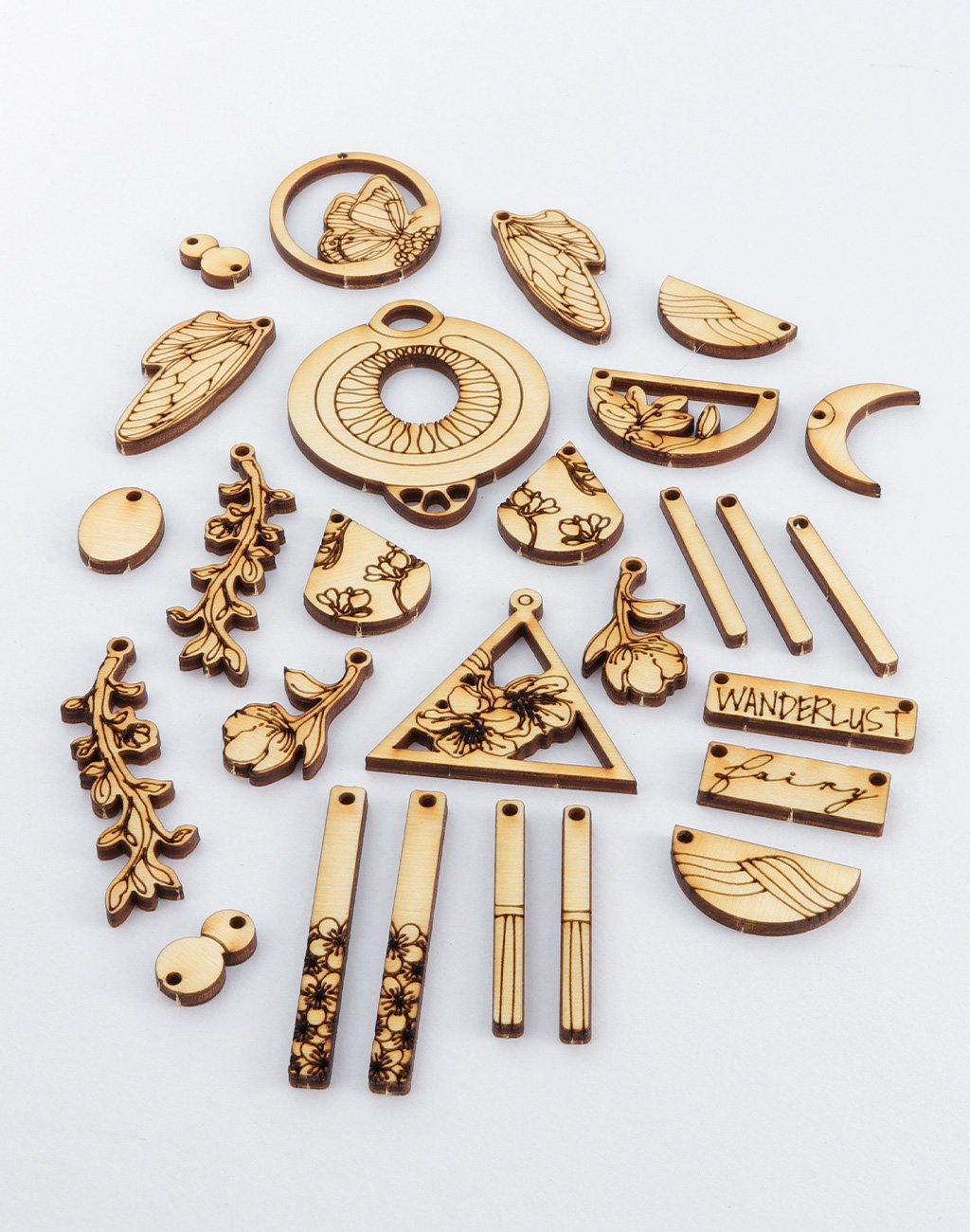 Wooden garden-themed jewelry pieces, Wanderlust accents.