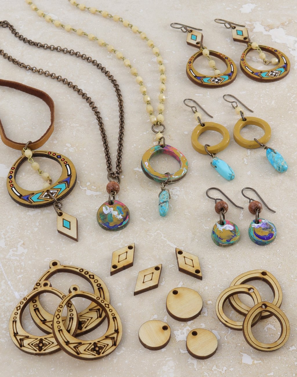 Assorted wooden jewelry, necklaces, and earrings