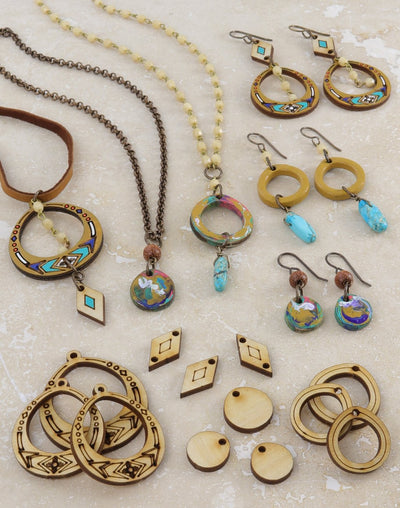 Assorted wooden jewelry, necklaces, and earrings